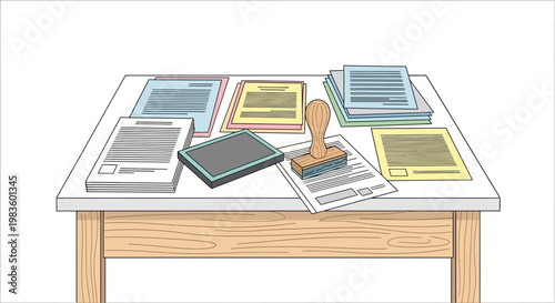 Wooden table with office supplies on top.