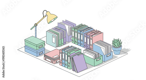 Colorful books and lamp on desk.