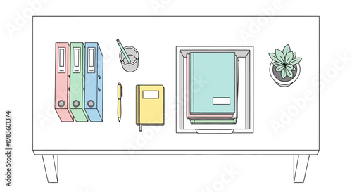 Colorful office supplies on table.