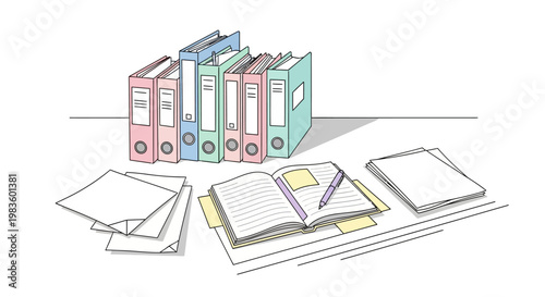 Colorful binders and office supplies.