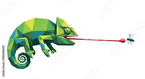 Green chameleon catching fly with long tongue polygonal illustration isolated on white background