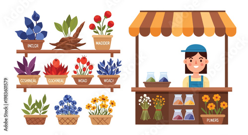 Colorful cartoon woman selling flowers and herbs at outdoor market stall with striped awning isolated on white background