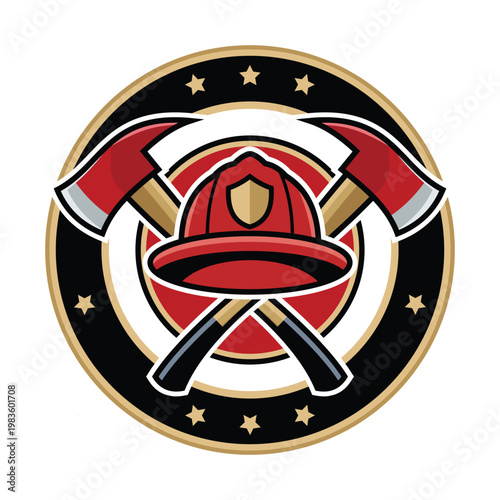 Black and Red Firefighter Badge Template Helmet and Crossed Axes Vector