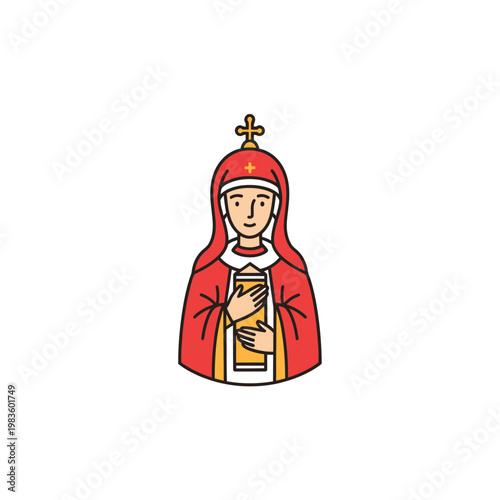 Orthodox Saint Nun Illustration in Red Habit Holding Holy Scroll
