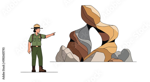 Park ranger pointing at natural rock arch formation in desert landscape illustration isolated on white background