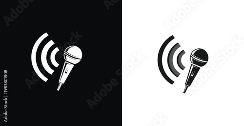 A graphic illustration of a microphone with sound waves on a black and white background