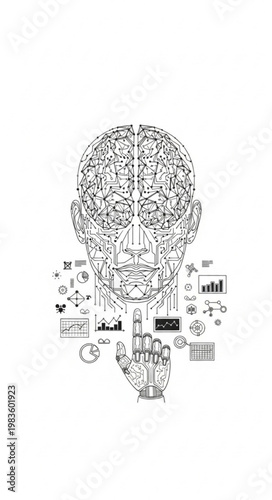 :
Artificial Intelligence Robotic Hand with Digital Interface Elements Minimal Tech Vector Illustration