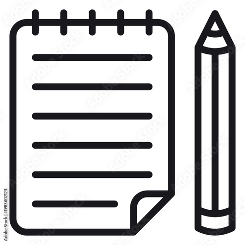 Minimalist black line vector icon illustration of a spiral notebook with a pencil, representing writing, note-taking, education, office supplies, and creative planning on a white background.