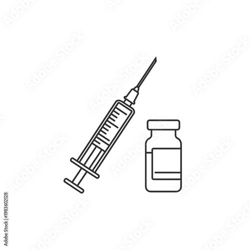 Medical syringe and vaccine vial line icon on white background