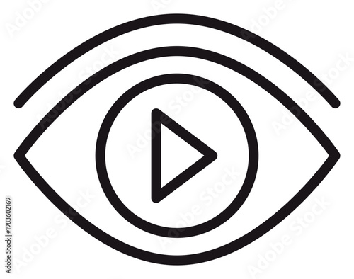 Minimalist black line art vector icon illustration of a human eye with a play button symbol inside, representing video streaming, digital media consumption, watching content, and observation.