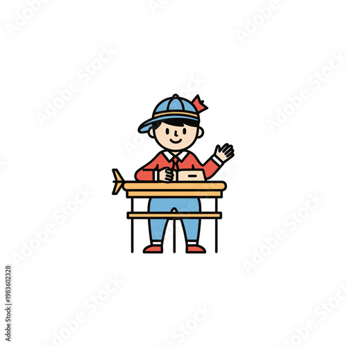 Happy schoolboy sitting at desk waving hand vector illustration