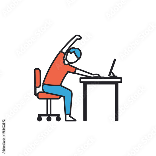Office worker stretching at desk with laptop flat illustration