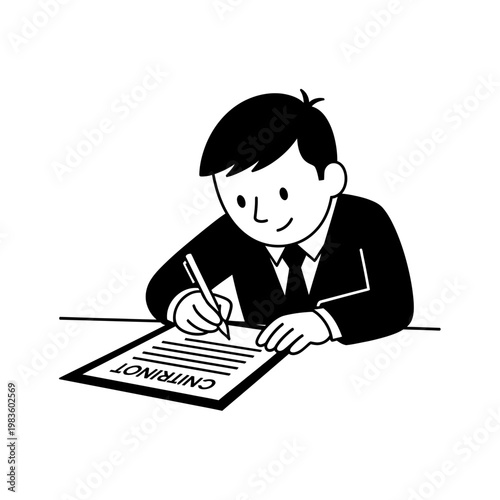 Businessman signing a contract line art illustration