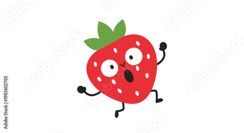 Cartoon strawberry character with face.