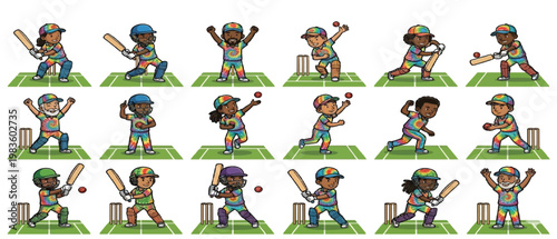 premium set of 18 unique cartoon cricket player icons with diverse characters and action poses