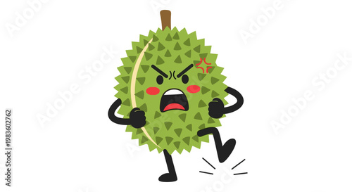 Durian fruit with angry cartoon face.