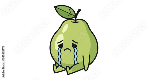 Sad crying green pear cartoon character.