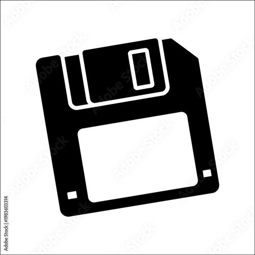 A black floppy disk icon on a white background, showcasing a silhouette of the classic computer storage device.