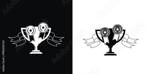 A trophy with medals and ribbons on a black and white background