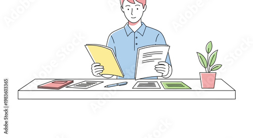 Man reading documents at desk.