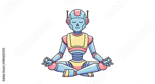 Robot Sits in Lotus Position Meditating.