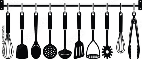 Kitchen utensil silhouettes hanging from rod vector set