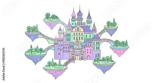 Fantasy castle with multiple towers.