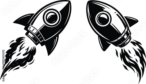 Black and White Rocket Silhouette Vector, Retro Spacecraft Launch Illustration High Contrast Design.