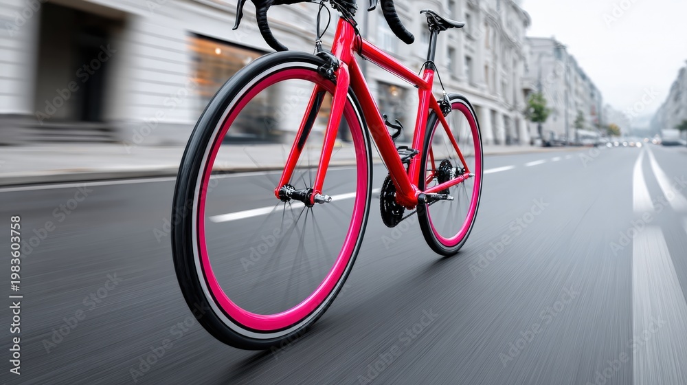 Fototapeta premium Red racing bicycle cycling fast on urban street