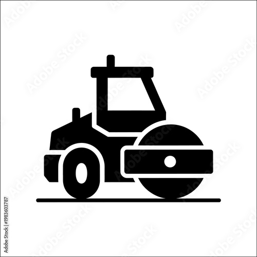 A black silhouette of a road roller against a white background, highlighting its shape and form in a simple yet effective illustration.