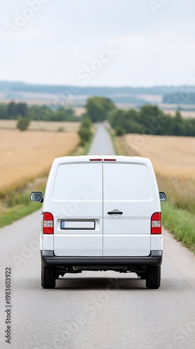 White delivery van traveling down rural country road