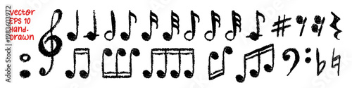 Music notes hand drawn collection, vector illustration isolated on transparent background. Clef, quaver, flat, natural, crotchet with grunge chalk, charcoal texture ideal for creative design