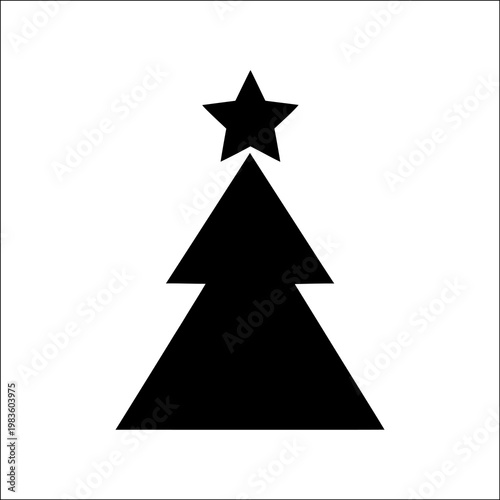 A minimalist black silhouette of a Christmas tree with a star on top, set against a clean white background, evoking a sense of simplicity and festive cheer.