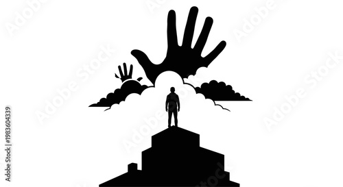 A man stands on a hill with giant hands reaching for him.