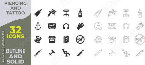 Piercing and Tattoo Studio Icon Pack with Tattoo Machine and Professional Equipment Illustrations in Solid and Outline styles