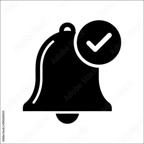 A simple black and white icon of a notification bell with a checkmark in silhouette mode, used for notifications, alerts, and reminders.