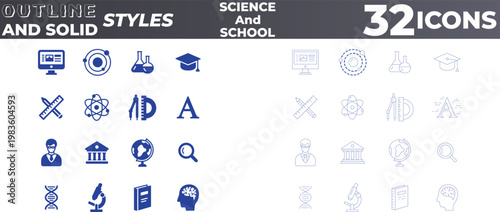 Education and Science Icon Pack with Microscope DNA and School Stationery Illustrations