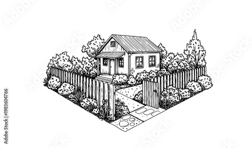 Hand Drawn House Garden Fence Scene Sketch Vector Illustration