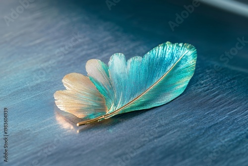 Iridescent feather on a textured surface with a gradient of blue and gold colors present here now