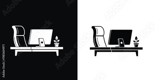 A minimalist office setup with a computer and chair on a desk in black and white