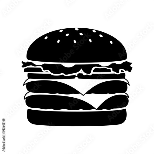 A black silhouette of a hamburger against a white background, highlighting the shape and details of the meal in a simple yet effective way.