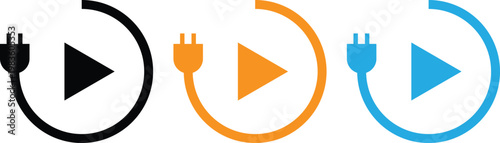 Electric plug with play button icon set, energy power and multimedia start concept vector illustration.