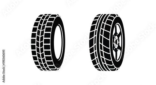 Two black tires displayed showcasing tread patterns in a flat silhouette
