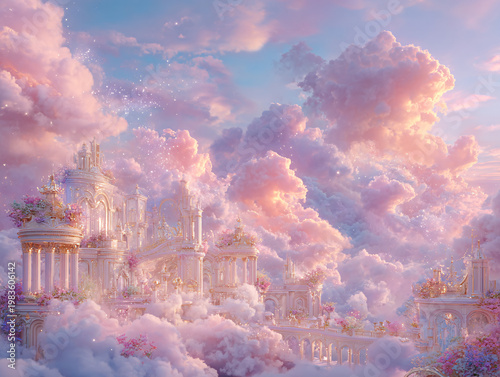 A breathtaking fantasy illustration depicts an opulent white-and-gold baroque palace floating among glowing pink and gold clouds, adorned with blooming purple flowers.