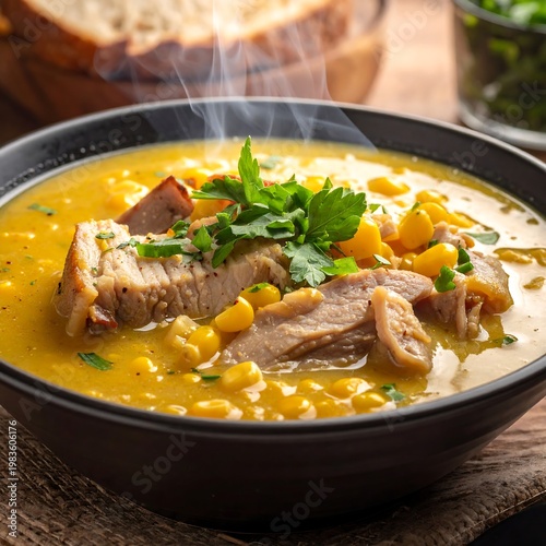 A steaming bowl of savory soup with meat and herbs on top