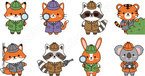 Cute detective animal characters vector set featuring fox raccoon rabbit tiger and koala in investigator outfits cartoon collection isolated