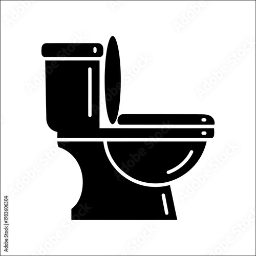 A simple black silhouette of a toilet with the lid up, set against a clean white background, highlighting the basic design of a common bathroom fixture in silhouette mode.
