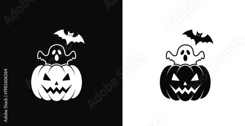 A spooky Halloween illustration featuring jack-o-lanterns with ghosts and bats on a black and white background
