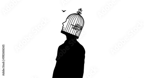 Silhouette of a person with a birdcage head and a flying bird.