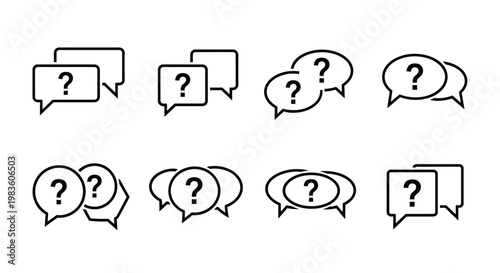 Collection of speech bubble icons with question marks, symbolizing inquiries, confusion, and the need for answers in communication